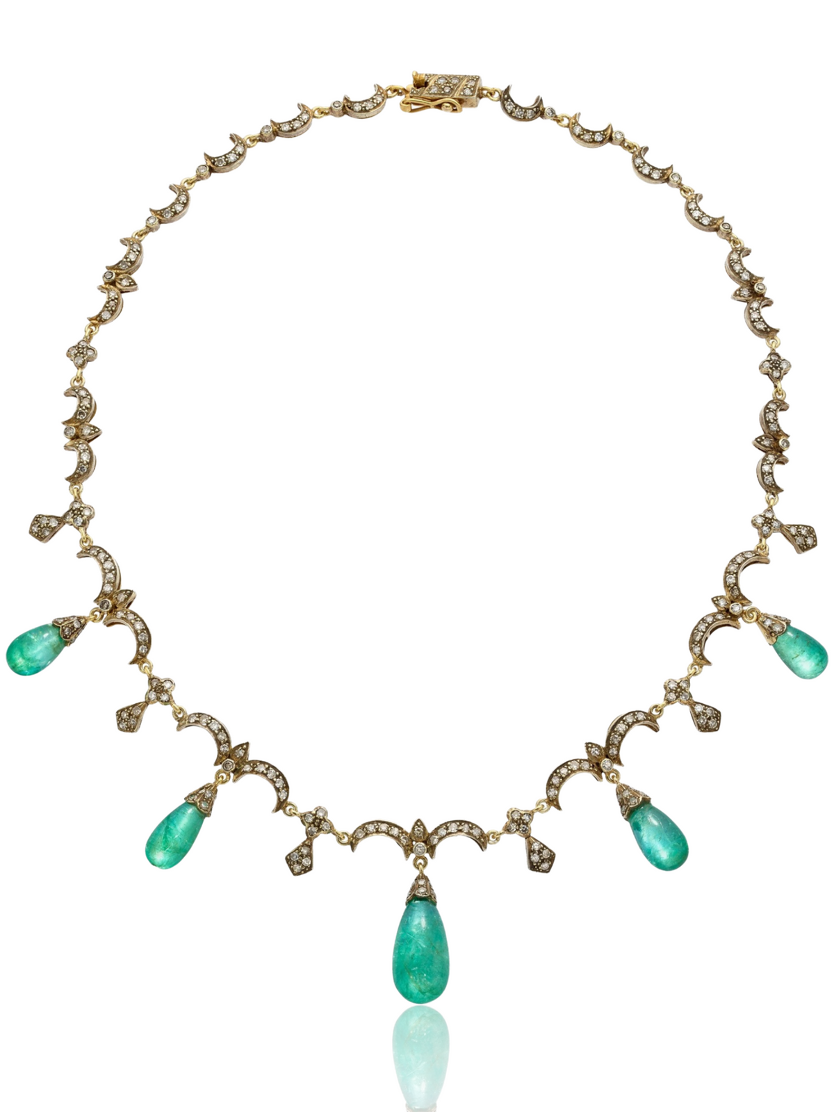 Antique 14K Gold Topped Silver Emerald Diamond Drop Necklace