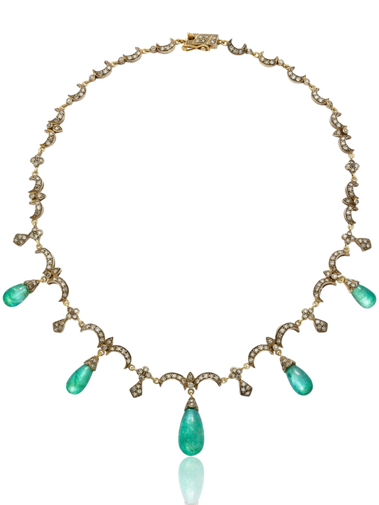 Antique 14K Gold Topped Silver Emerald Diamond Drop Necklace