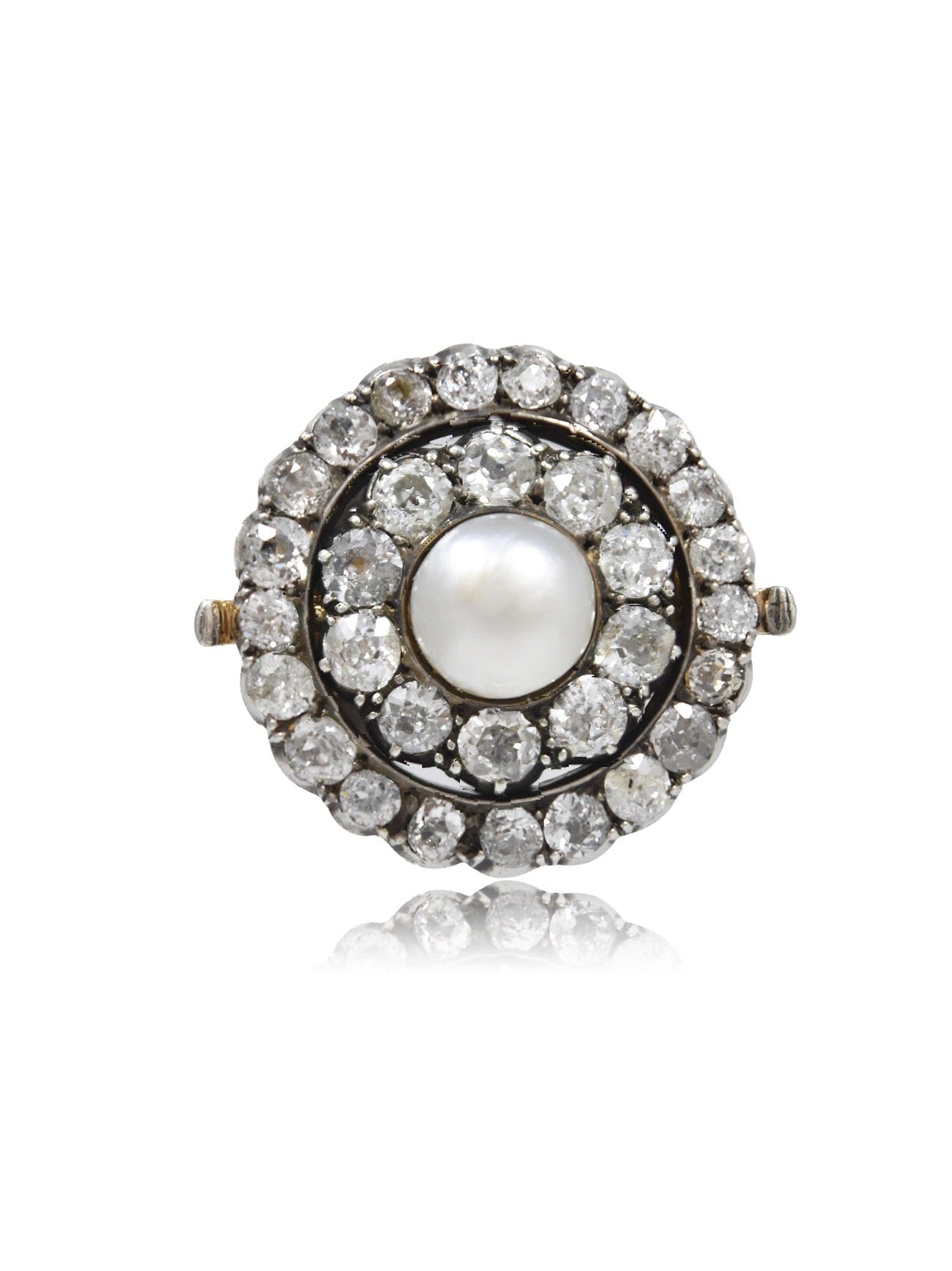 Edwardian Silver Topped 14K Gold Natural Saltwater Pearl Diamond Halo Brooch