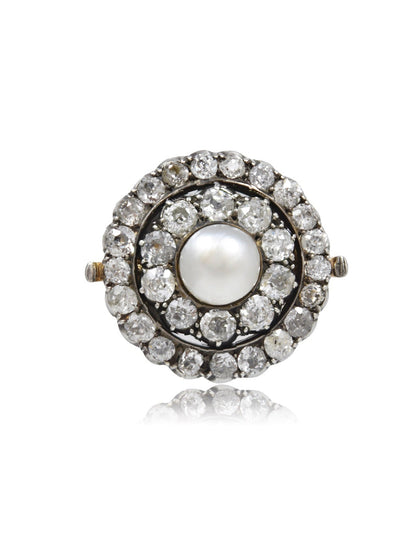 Edwardian Silver Topped 14K Gold Natural Saltwater Pearl Diamond Halo Brooch