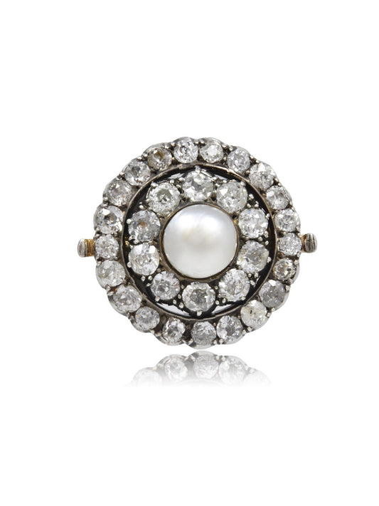 Edwardian Silver Topped 14K Gold Natural Saltwater Pearl Diamond Halo Brooch