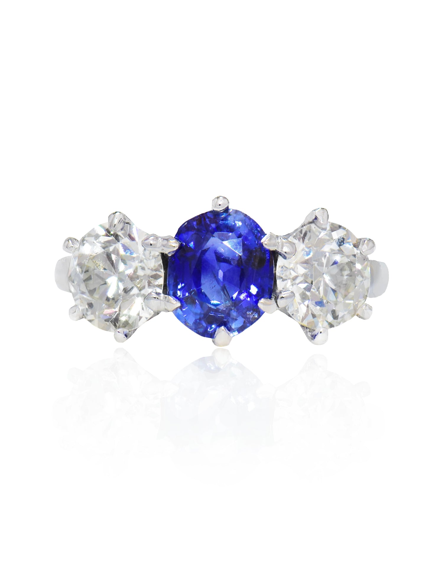 Antique Unheated Ceylon Sapphire Old European Cut Diamond Three Stone Ring
