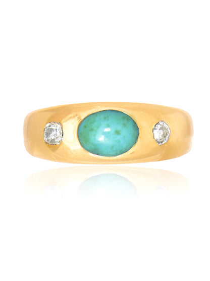 Antique English 18K Gold Turquoise Old Mine Cut Diamond Gypsy Ring