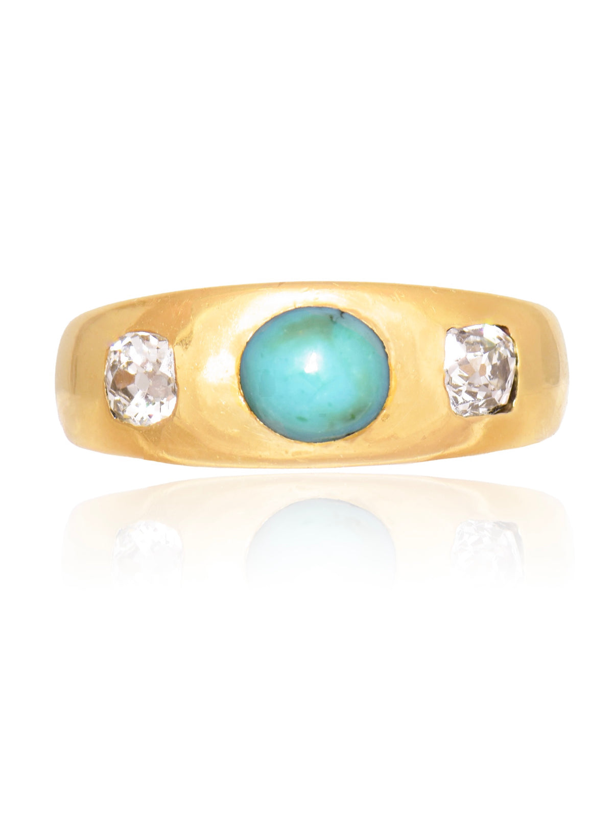 Antique English 18K Gold Turquoise Old Mine Cut Diamond Gypsy Ring