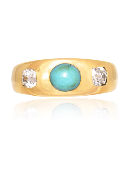 Antique English 18K Gold Turquoise Old Mine Cut Diamond Gypsy Ring