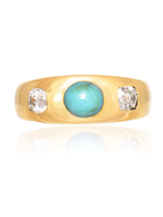 Antique English 18K Gold Turquoise Old Mine Cut Diamond Gypsy Ring