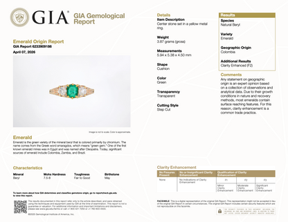 Antique 14K Gold 1.15 CTW Colombian Emerald Diamond Three Stone Ring GIA