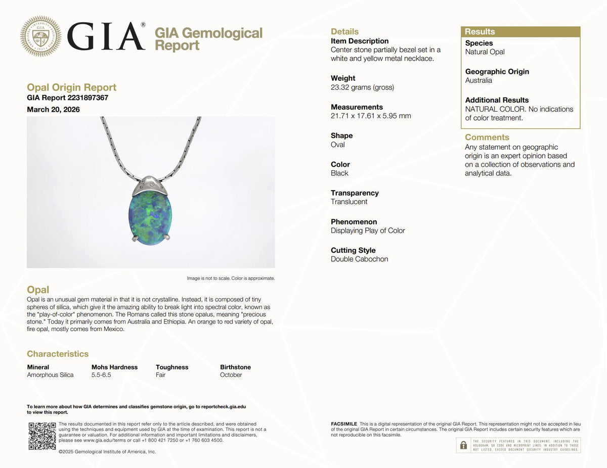 French 18K Gold Black Opal Diamond Pendant Necklace, GIA