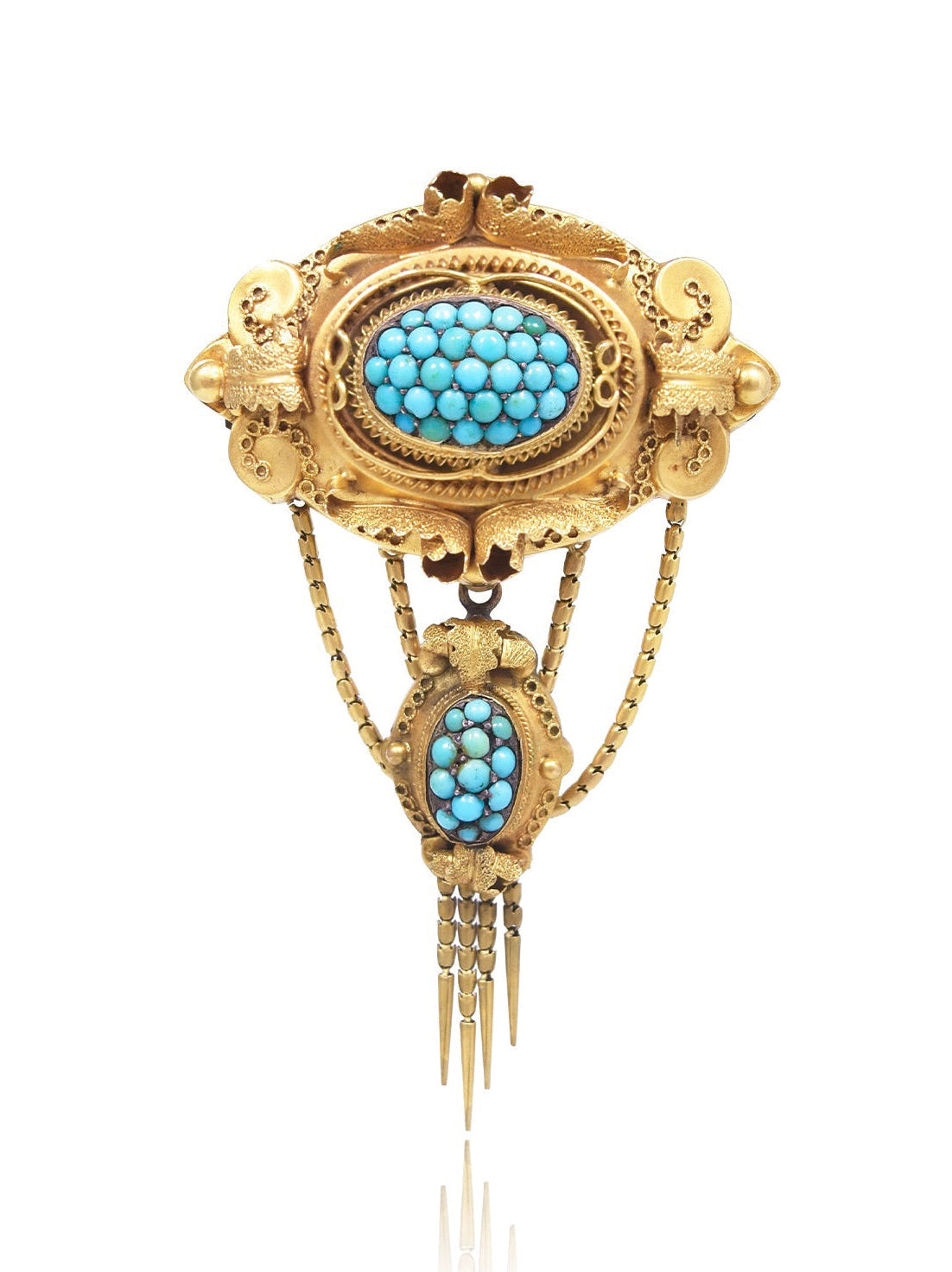 Victorian Etruscan 14K Gold Turquoise Fringe Brooch