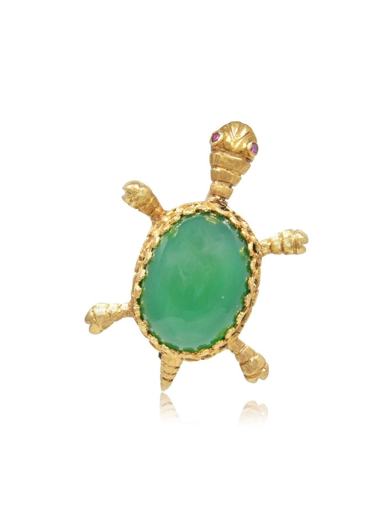 Vintage 18K Gold Nephrite Ruby Turtle Brooch