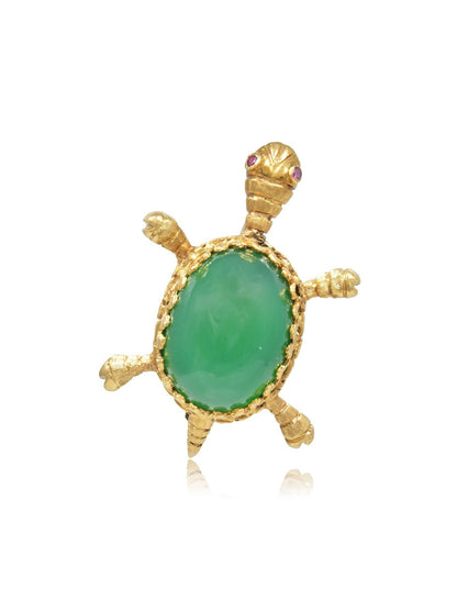 Vintage 18K Gold Nephrite Ruby Turtle Brooch