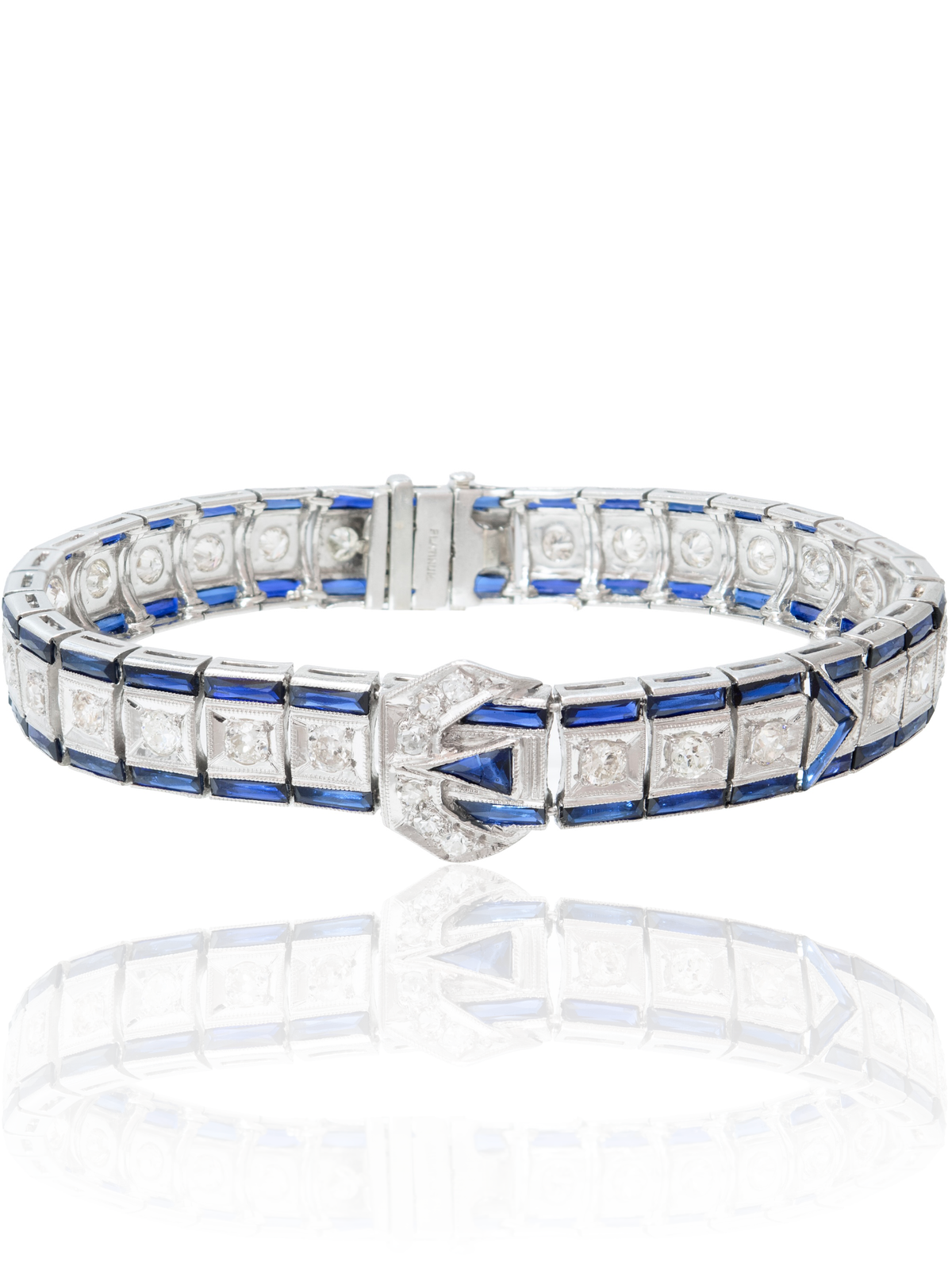 Art Deco Platinum 2.94 CTW Diamond Sapphire Buckle Bracelet