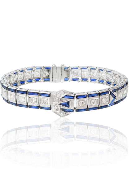 Art Deco Platinum 2.94 CTW Diamond Sapphire Buckle Bracelet
