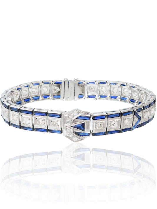 Art Deco Platinum 2.94 CTW Diamond Sapphire Buckle Bracelet