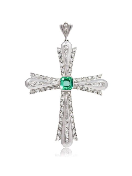 Vintage 18K Gold 3.1 CTW Colombian Emerald Diamond Cross Pendant