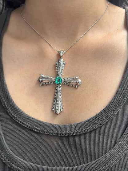 Vintage 18K Gold 3.1 CTW Colombian Emerald Diamond Cross Pendant