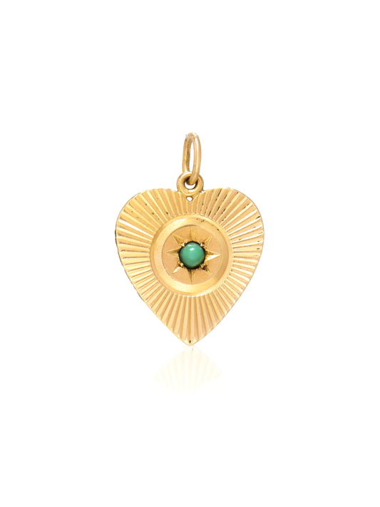 Vintage 14K Gold Turquoise Engine Turned Heart Charm