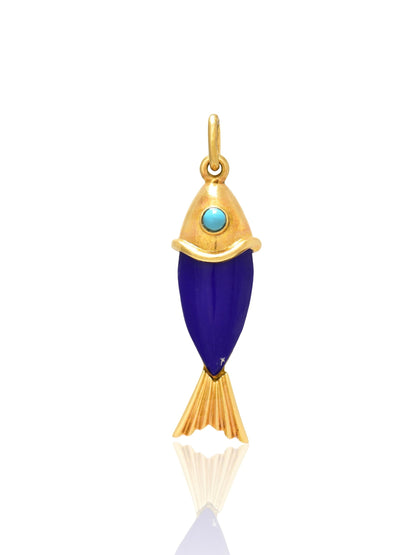Vintage 14K Gold Lapiz Turquoise Articualted Fish Charm