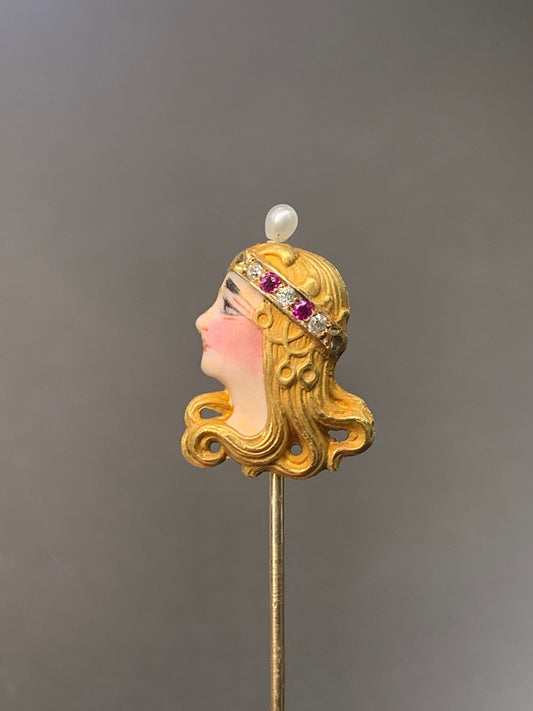 Art Nouveau 14K Gold Enamel Diamond Ruby and Pearl Egyptian Empress Stick Pin