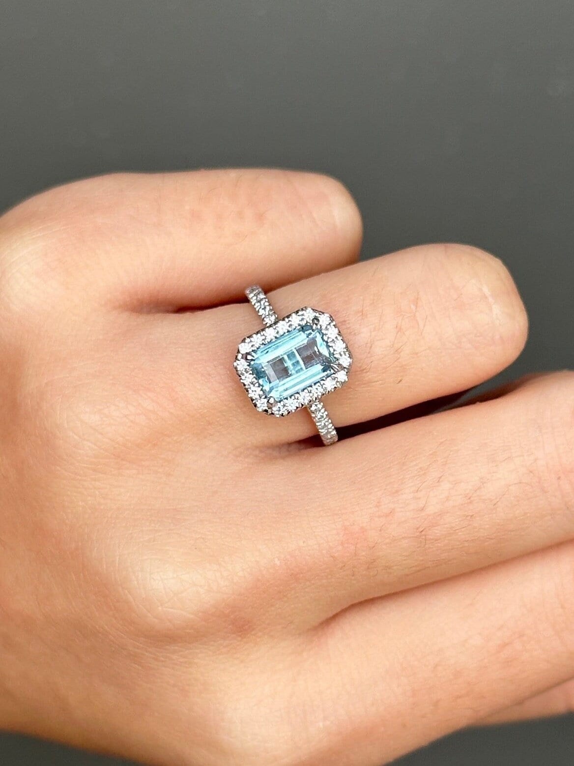 Platinum Aquamarine Diamond Pavé Halo Ring