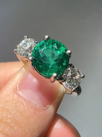 Platinum 2.23 CTW Emerald Diamond Trilogy Ring GIA