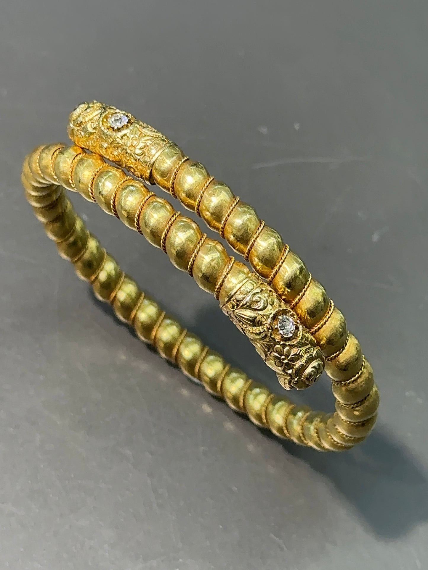 Victorian 14K Gold Filigree Floral Diamond Bypass Coil Bracelet