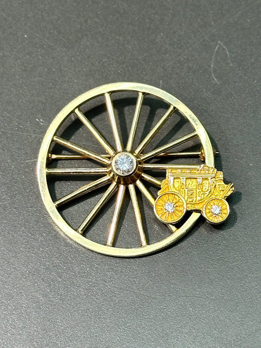 Tiffany & Co. 14K Gold Stagecoach Wheel Diamond Gold Brooch