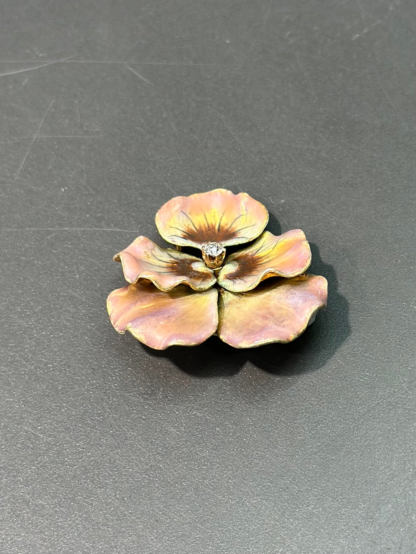 Art Nouveau 14K Gold Pink Enamel Diamond Pansy Flower Brooch
