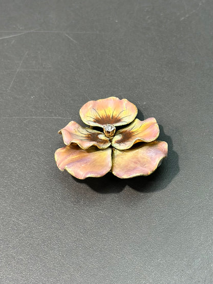 Art Nouveau 14K Gold Pink Enamel Diamond Pansy Flower Brooch