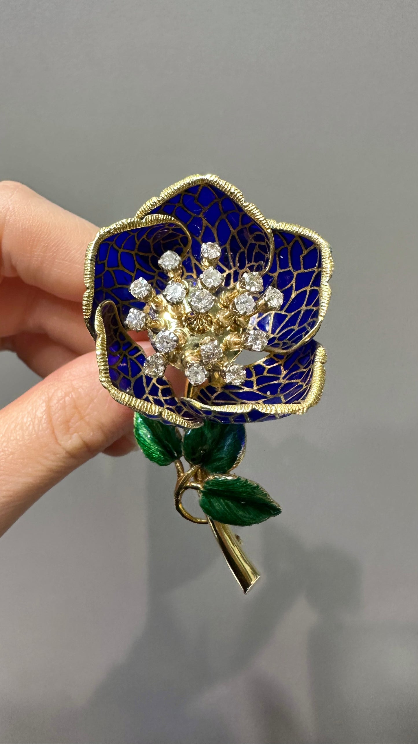 Vintage 14K Gold Diamond Plique-A-Jour Enamel ‘En Tremblant” Flower