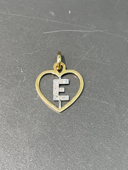 Pendentif diamant à cœur ouvert avec initiale « E » italienne en or 14 carats