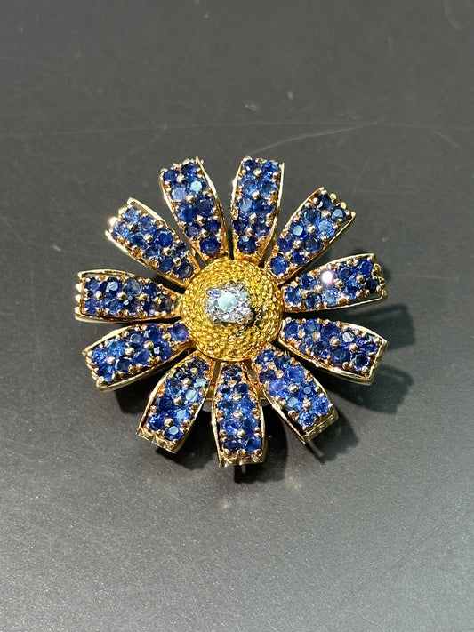 Vintage 14K Gold Sapphire and Diamond Daisy Brooch