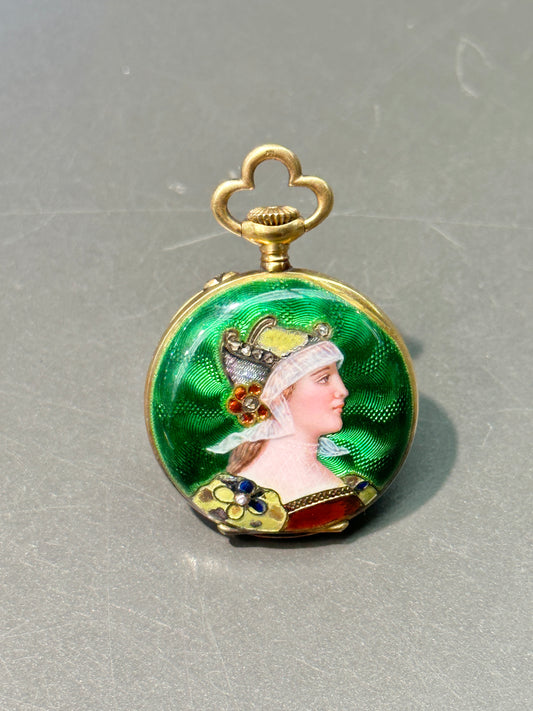 Art Nouveau 14K Gold Diamond Green Enamel Woman Pocket Watch