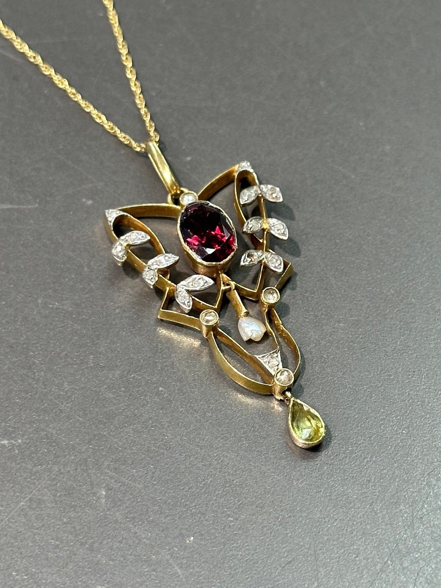 Art Deco 14K Gold Lavaliere Garnet Peridot Diamond Seed Pearl Pendant