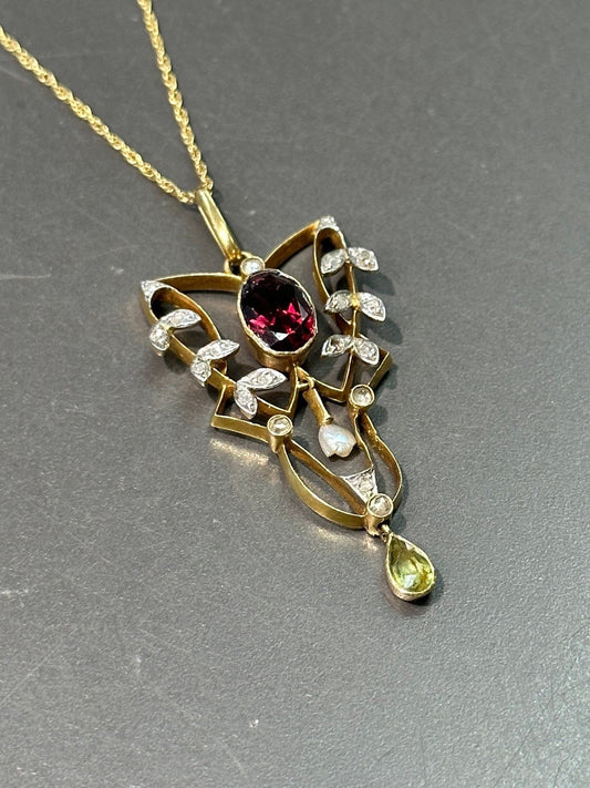 Art Deco 14K Gold Lavaliere Garnet Peridot Diamond Seed Pearl Pendant