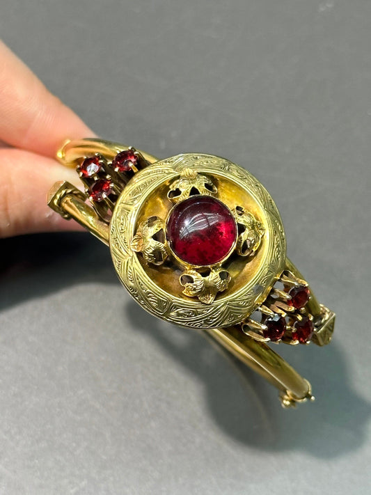 Victorian 14K Gold Garnet Bangle Bracelet