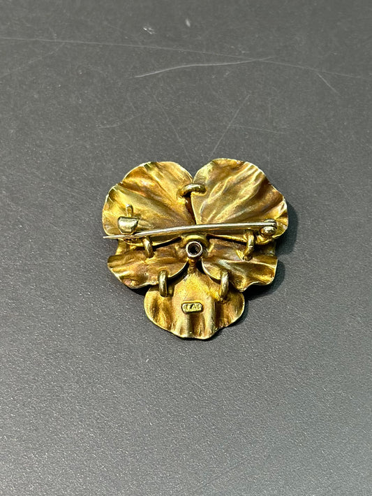 新艺术风格 14K 金粉红珐琅钻石三色堇花胸针