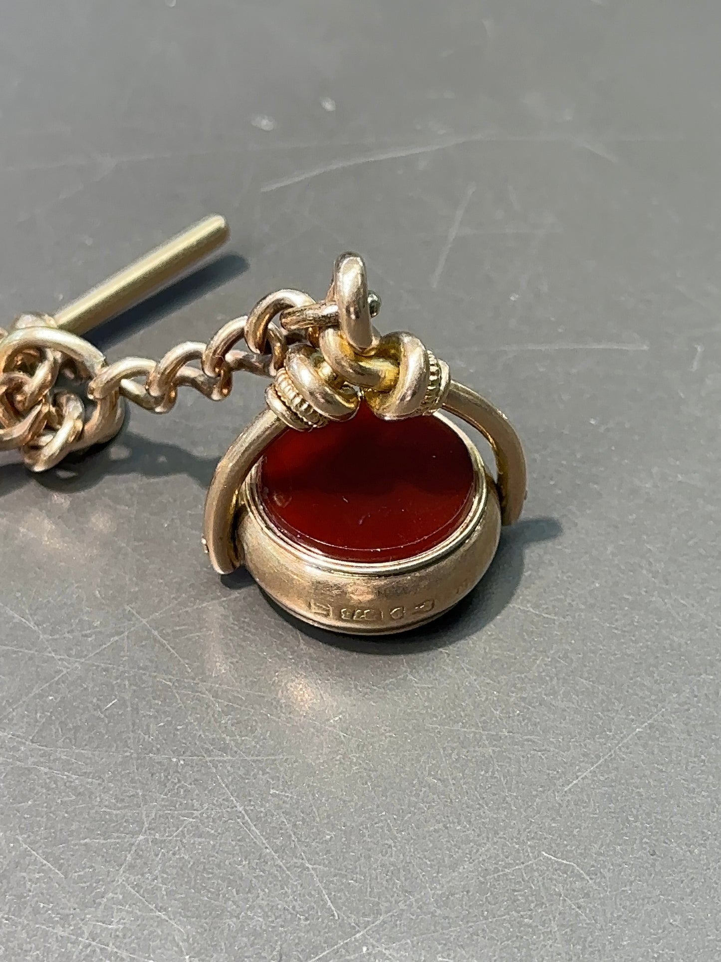 Antique 9K Gold Albert Chain and Bloodstone Carnelian Spinner Charm Necklace