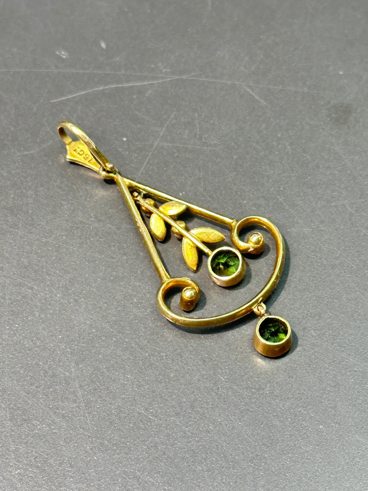 Art Nouveau 15K Or Blanc Émaillé Tourmaline Graine Perle Lavalier Pendentif