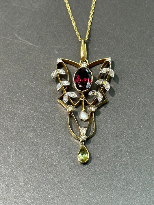 装饰艺术 14K 金 Lavaliere 石榴石橄榄石钻石珍珠吊坠
