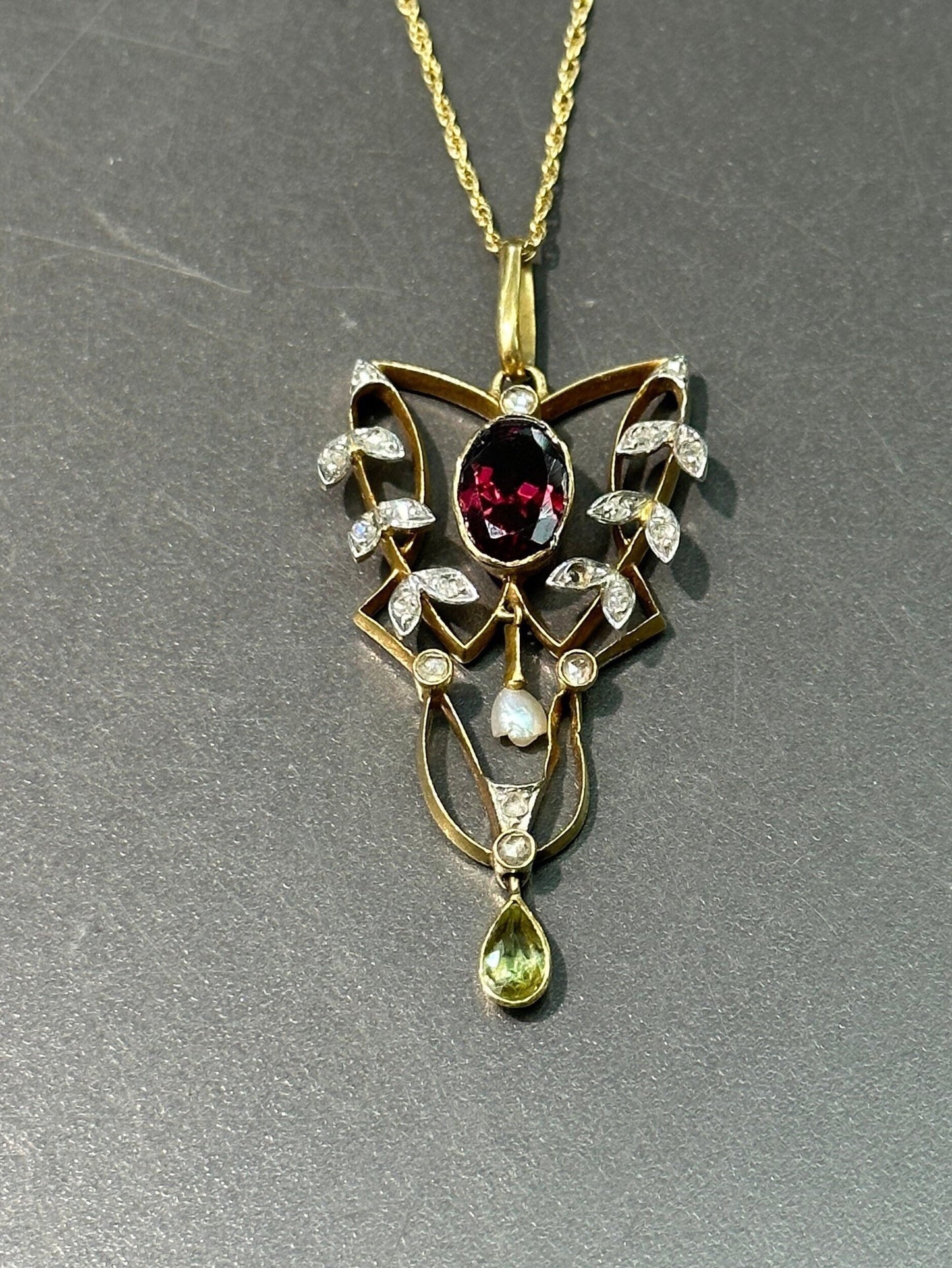 Art Deco 14K Gold Lavaliere Garnet Peridot Diamond Seed Pearl Pendant