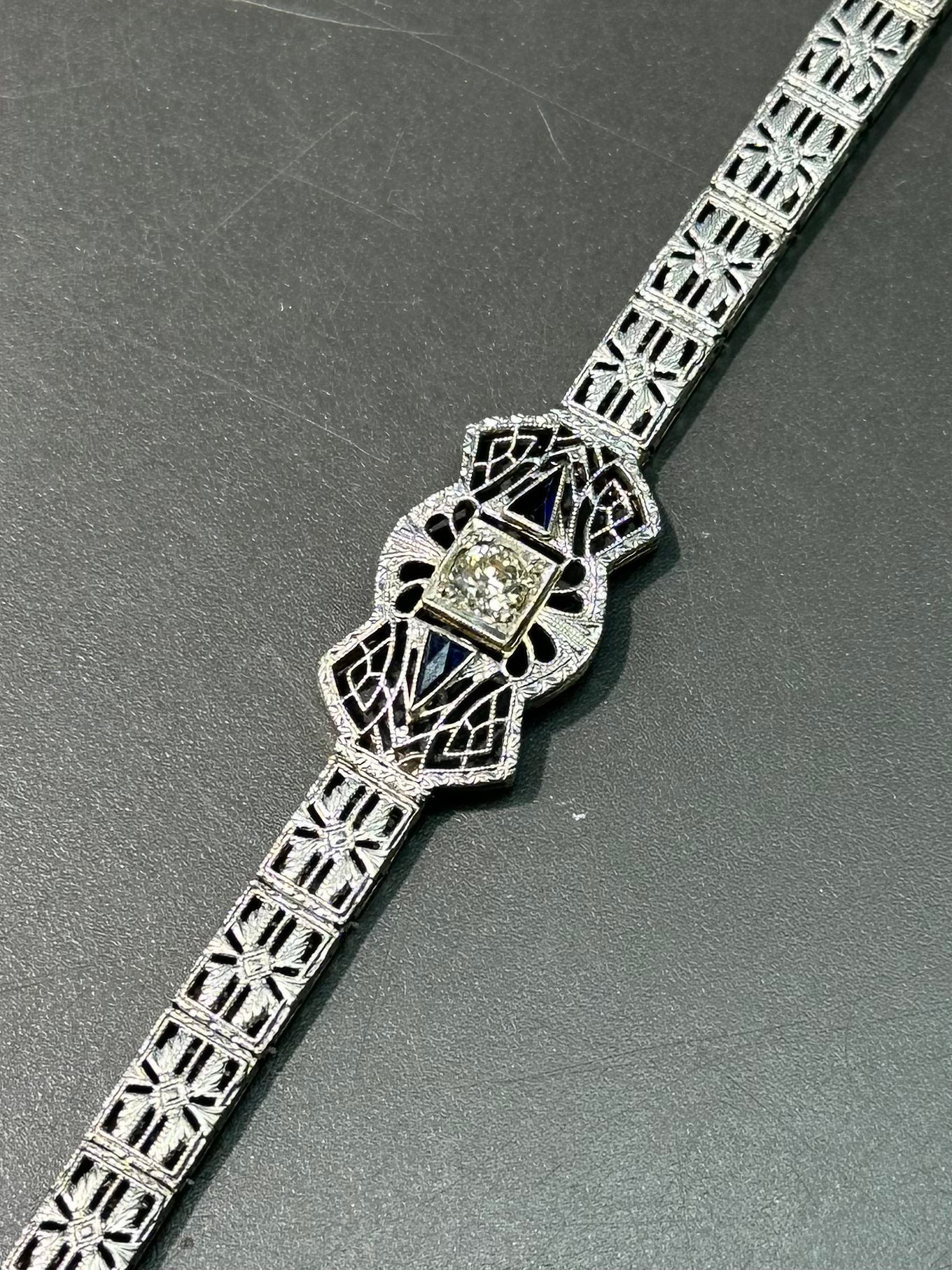 Art Deco 14K Gold Diamond and Sapphire Filigree Bracelet