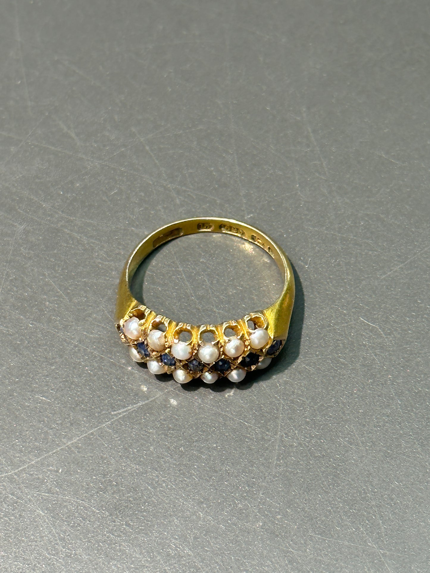 Victorian 15K Gold Sapphire Natural Pearl Ring