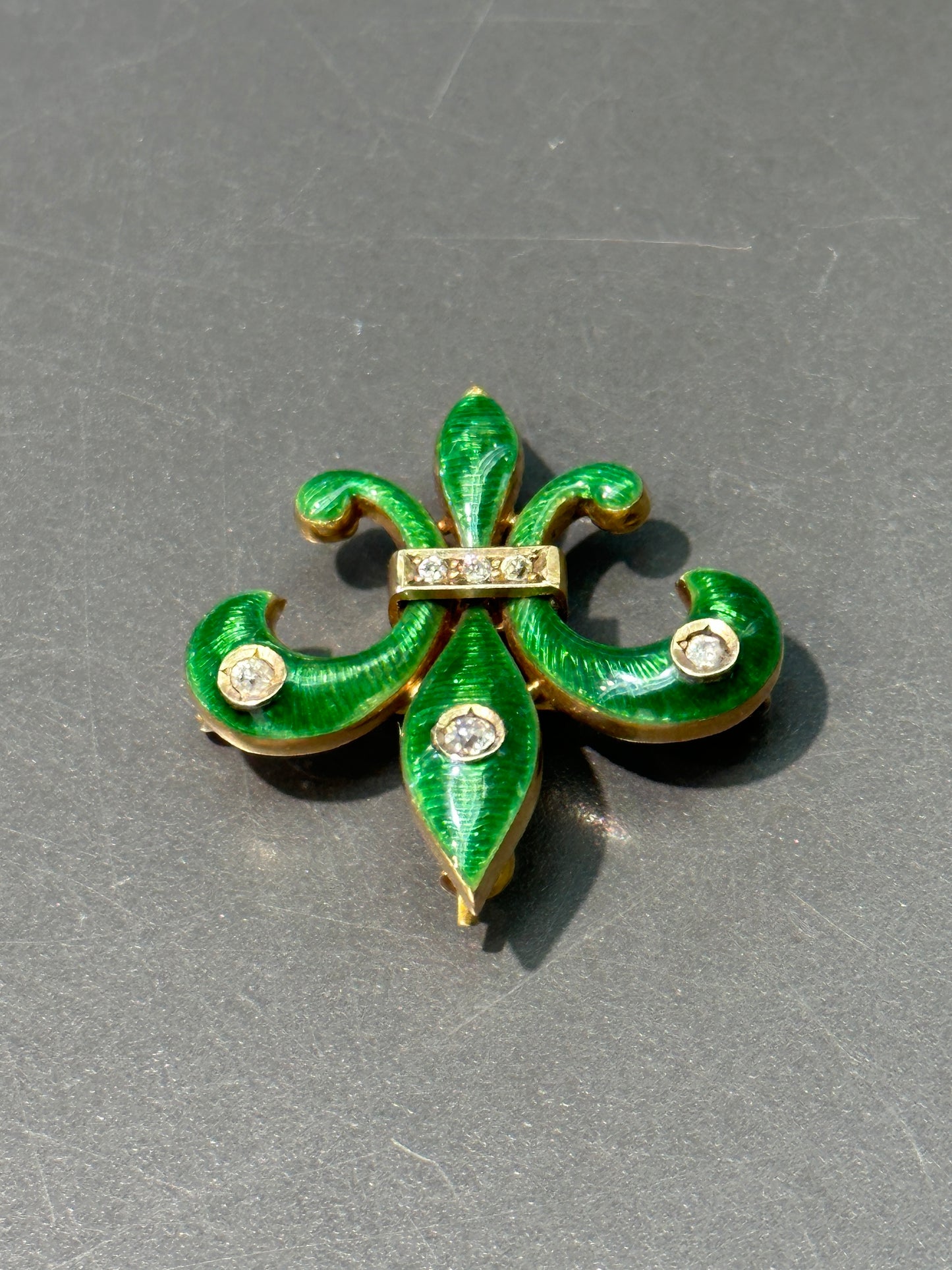 Art Nouveau 14K Gold Green Enamel Fleur-De-Lis Diamond Brooch