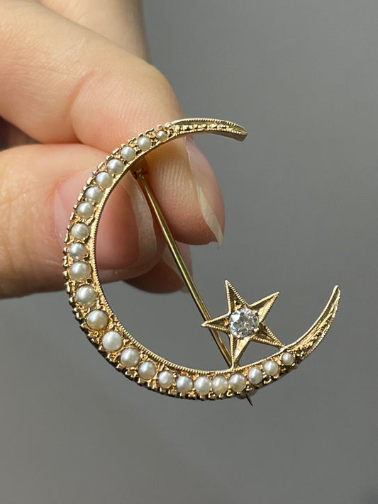 古董 14K 金珍珠和钻石新月和星形胸针