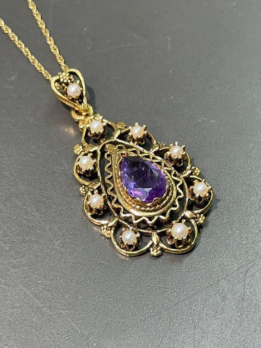 Victorian Style 14K Gold Amethyst Pearl Drop Shape Pendant