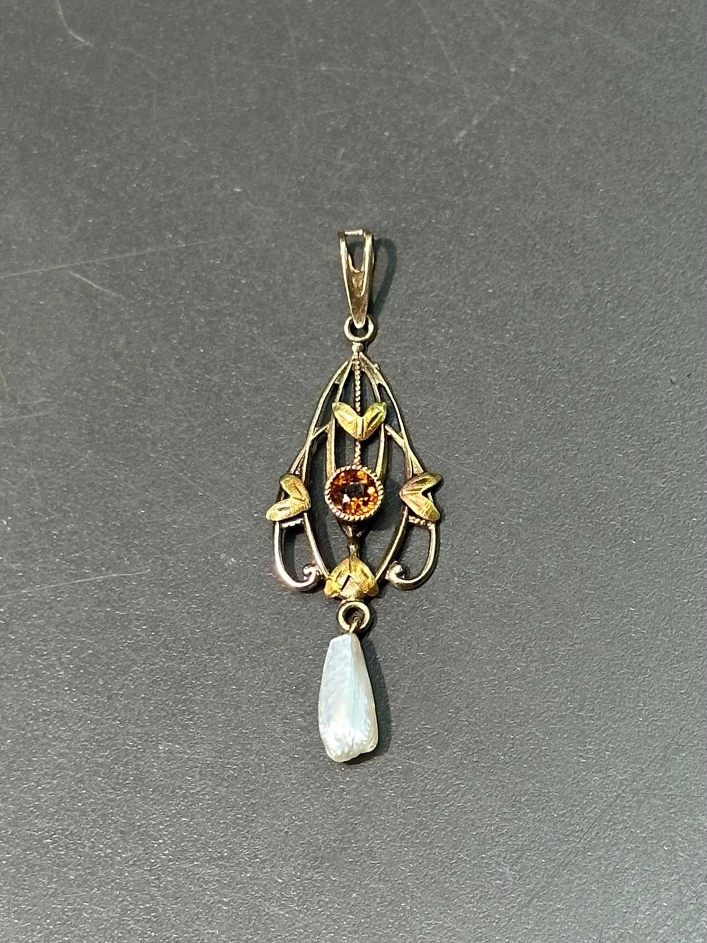 Pendentif Art Nouveau 10K Or Jaune Topaze et Perle Lavalière