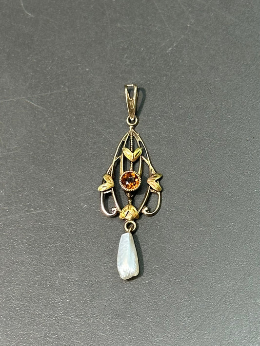 Art Nouveau 10K Gold Yellow Topaz and Pearl Lavaliere Pendant