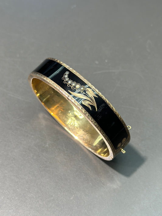 维多利亚 14K 金种子珍珠黑珐琅铃兰手链