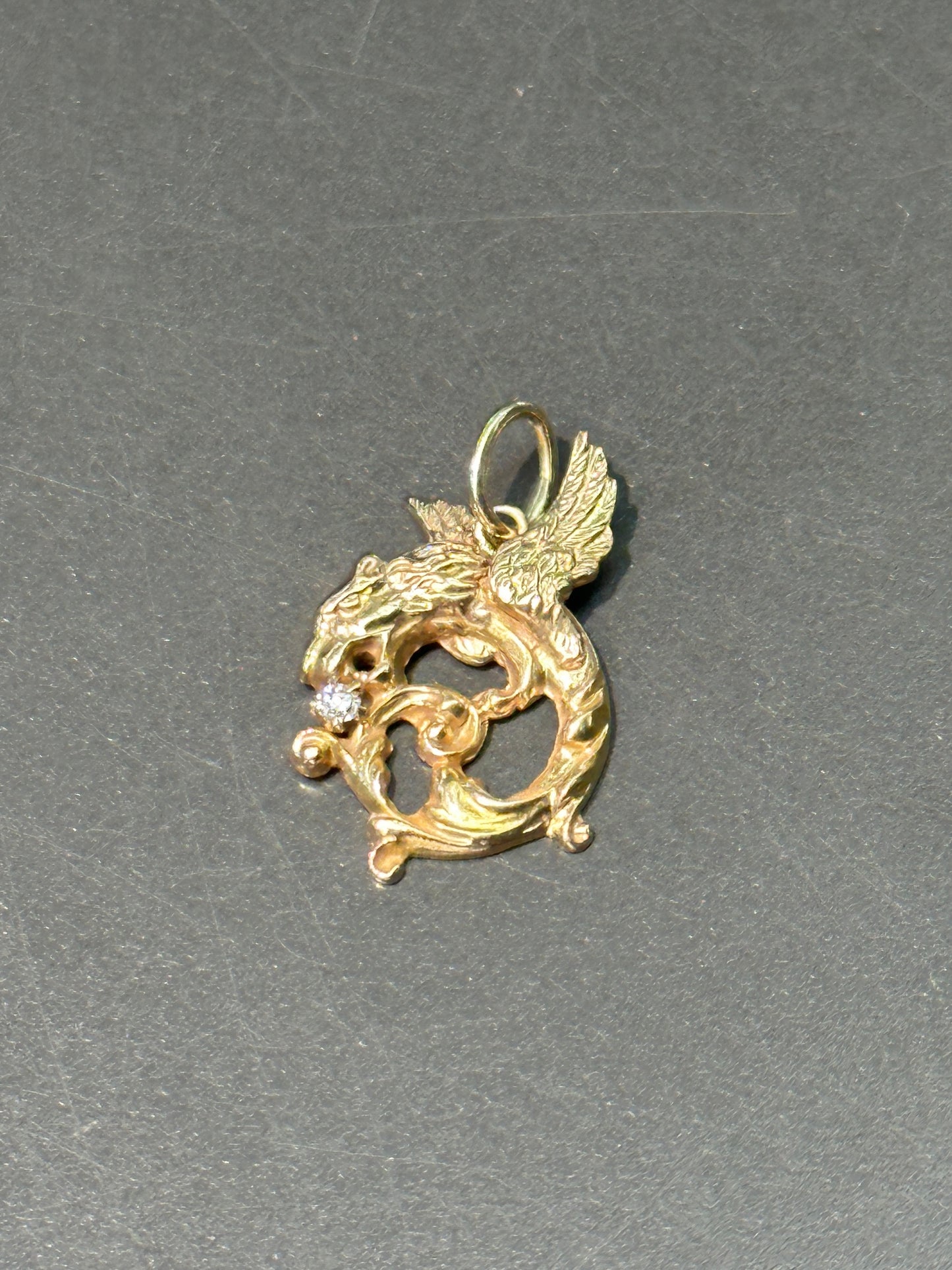 Art Nouveau 14K Gold Diamond Chimera Griffin Charm